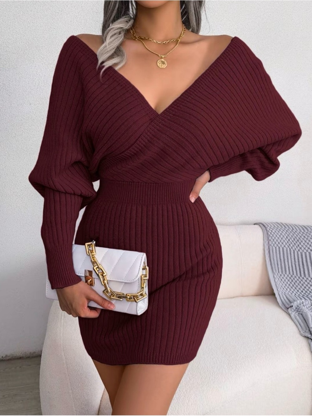 Ribbed Off-Shoulder Bodycon Sweater Dress - Burgundy